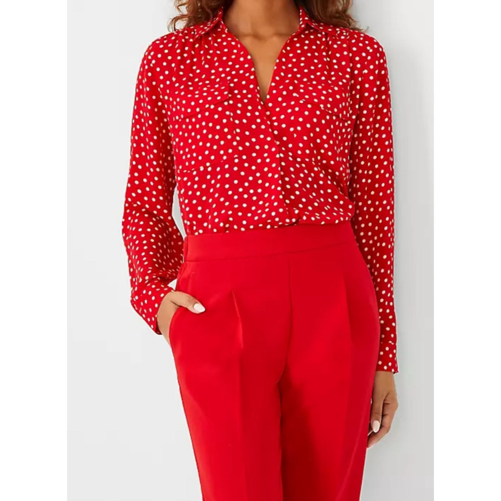 Ann Taylor Red Polka Dot Long Sleeve Popover Camp Shirt MP